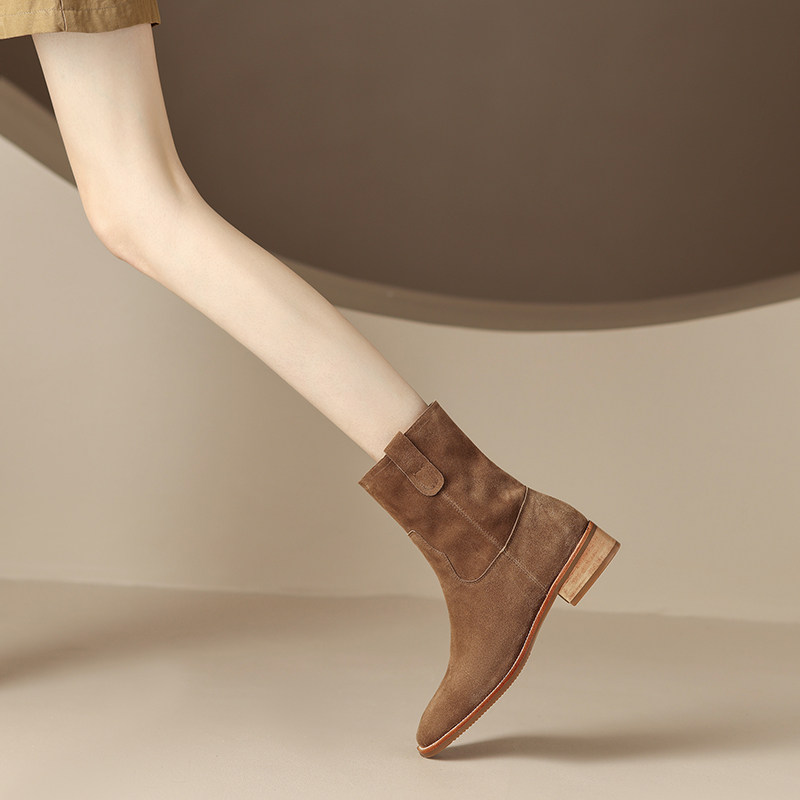 웨스턴 카우보이 부츠 숏부츠 여성 부츠 누벅 가죽 미드 종아리 마틴 부츠 작업복 미디엄 힐 두꺼운 힐 봄 가을 겨울 신작