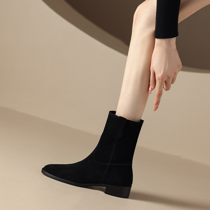 웨스턴 카우보이 부츠 숏부츠 여성 부츠 누벅 가죽 미드 종아리 마틴 부츠 작업복 미디엄 힐 두꺼운 힐 봄 가을 겨울 신작