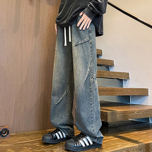复古蓝直筒牛仔裤男秋季美式高街宽松阔腿裤男生潮流个性休闲长裤图片