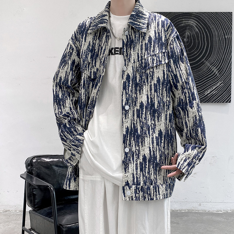 秋季潮流抓痕扎染牛仔夹克男女同款情侣外套J图片