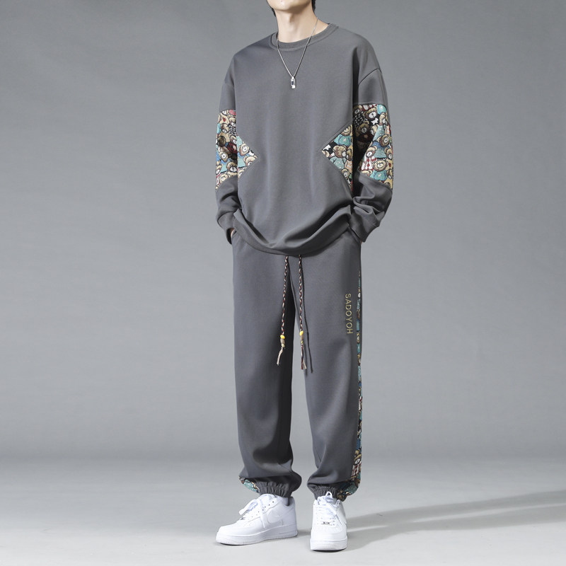 民族风拼接套头卫衣套装男大码潮流重磅运动休闲套装TZ735P95,男装休闲套装,电商A073