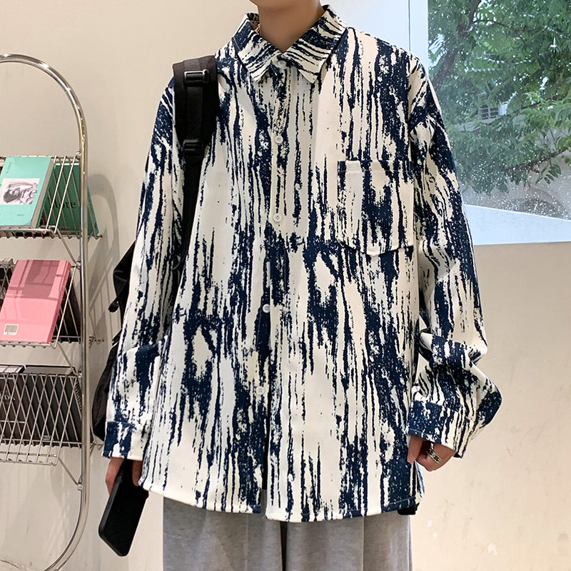 个性抓痕扎染长袖衬衫男大码宽松胖子显瘦衬衣CS2101P45,男装衬衫,电商A073