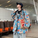 秋季新款潮流印花男士连帽夹克宽松情侣外套J，男装夹克，电商A073