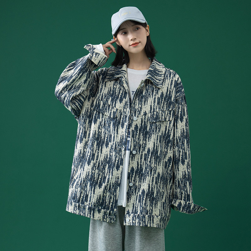 中性风 秋季抓痕扎染牛仔夹克男女同款情侣外套JK2102P75图片