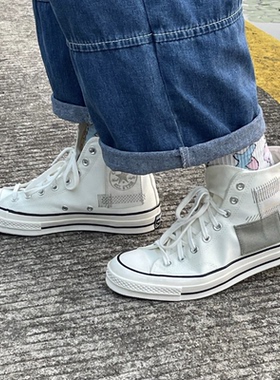 匡威1970S刺绣补丁拼接米白蓝色高帮潮流帆布鞋A00733C A00734C