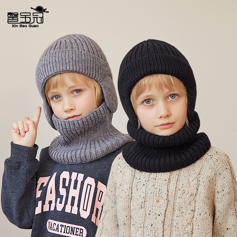 2169跨境冬季加绒儿童帽子围脖套装针织毛线帽男孩保暖护耳套