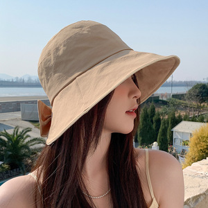 新款夏季户外帽子女出游防晒帽潮流赫本风遮阳帽百搭蝴蝶结渔夫帽