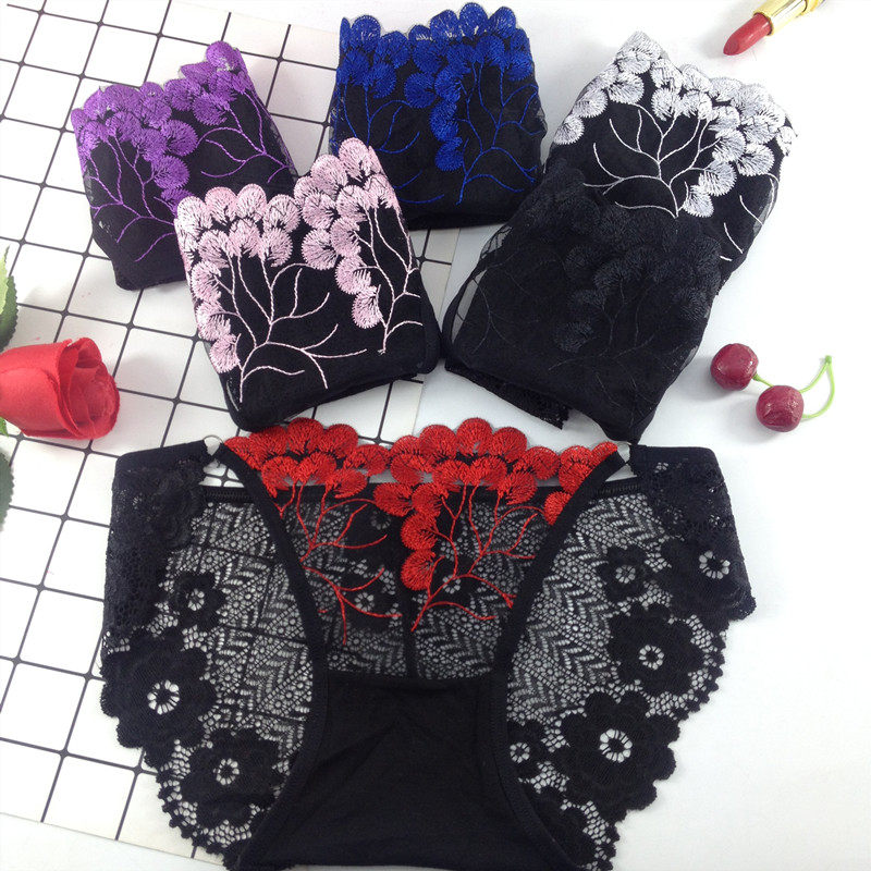 女式性感三角内裤透明底裤刺绣花卉低腰裤衩青年蕾丝镂空透视短裤