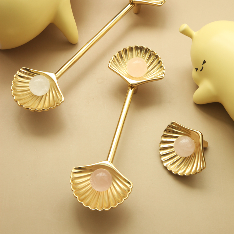 现代简约轻奢法式黄铜水晶贝壳拉手衣橱衣柜门柜把手鞋柜抽屉手柄