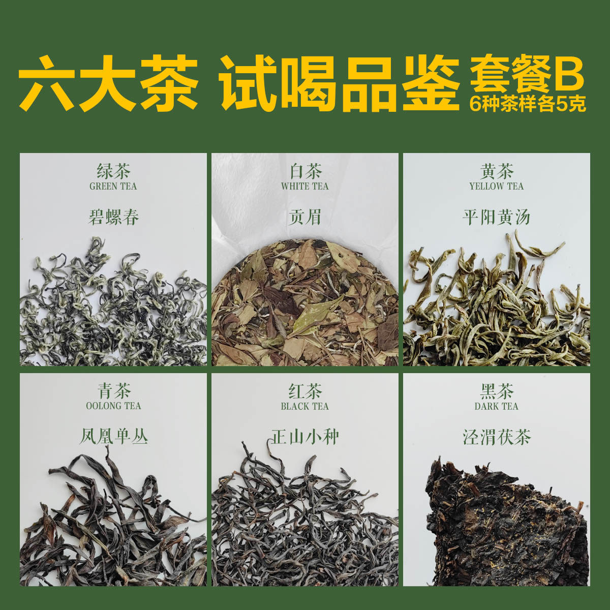 b六大茶各5g茶艺教材绿茶白茶黄茶红茶黑茶青茶岩茶通用试喝新品