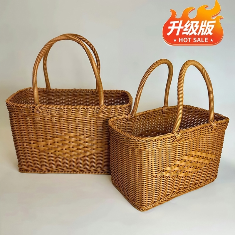 越南手工竹篮手提篮仿藤编纯手工编织中国结采摘买菜篮子购物篮