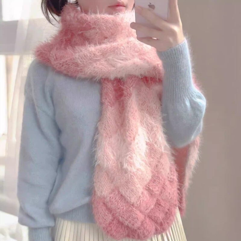 温柔粉白桦围巾毛线手工diy渐变色送男女友毛混线秋冬围脖材料包