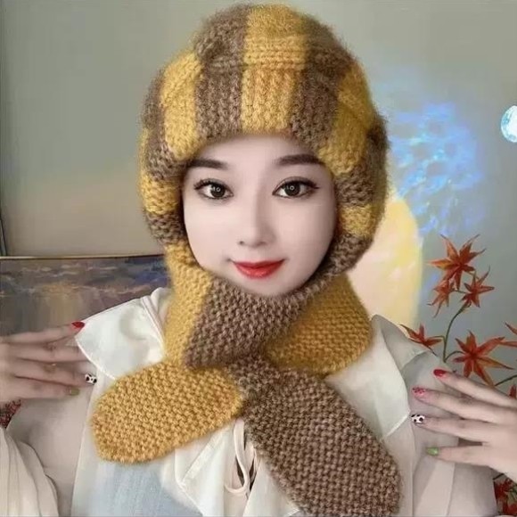 新款棋盘编织风雪帽加厚秋冬帽子松鼠女士纯手工保暖围巾针织一体
