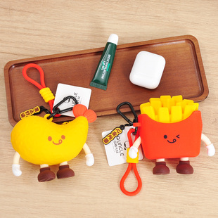 Q版大叔汉堡薯条儿童可爱钥匙零钱耳机收纳包盒迷你硅胶背包挂件