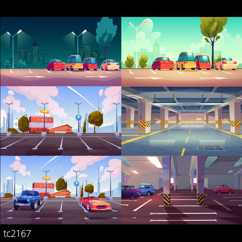 卡通停车场插画户外地下大型停车场ai矢量动画制作素材an/flash