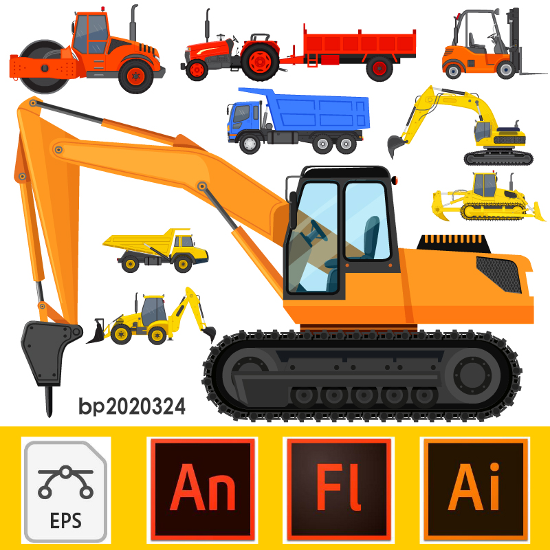 an扁平素材flash工程车矢量素材ai挖掘机拖拉机卡车吊车animate