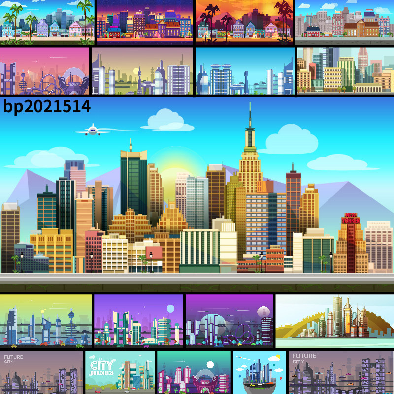 未来科幻城市高楼大厦扁平矢量素材插画an/flash/animate/ai格式