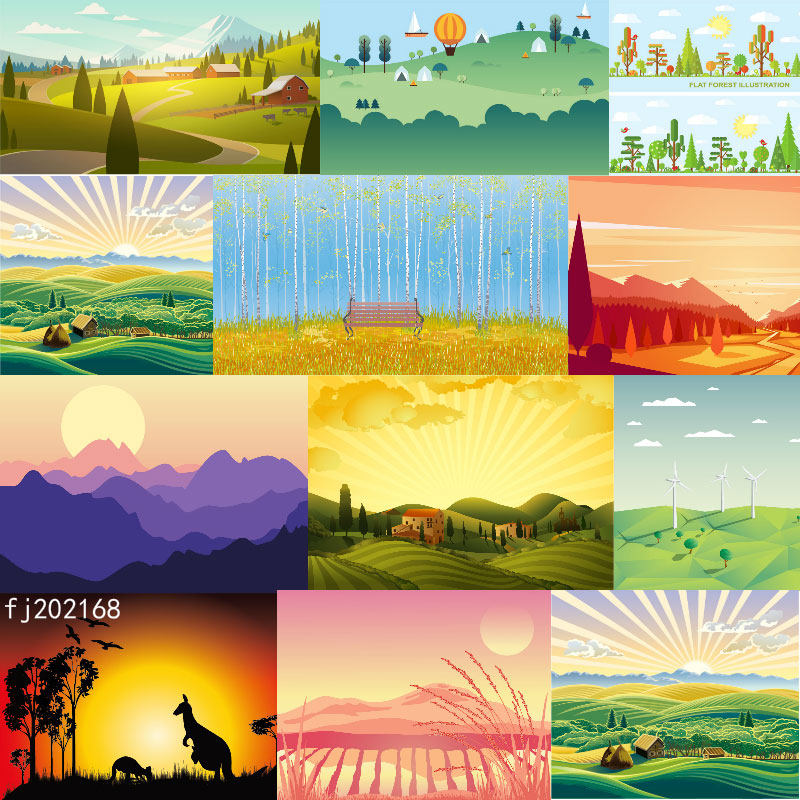 ai/an/fl插画森林banner背景矢量图素材高山草原稻田村庄山地风景