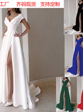 2025跨境裹胸款荷叶边红黑白色中腰纯色气质通勤长裙连衣裙晚礼服