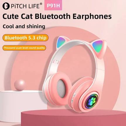 P91H,Cute Cat Ears BT Wireless Headphone Com Mic E Flash Lig
