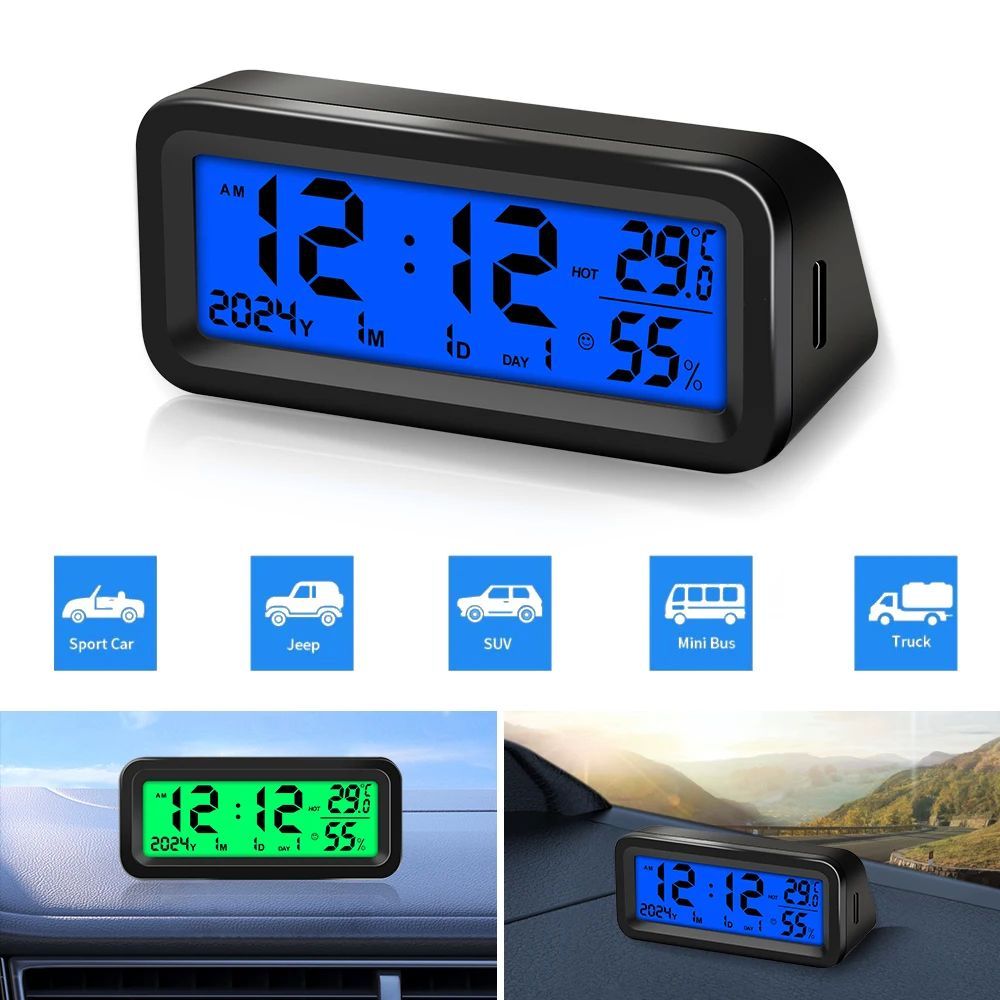 Electronic Solar Power Car Clocks Date Week Thermometer Humi