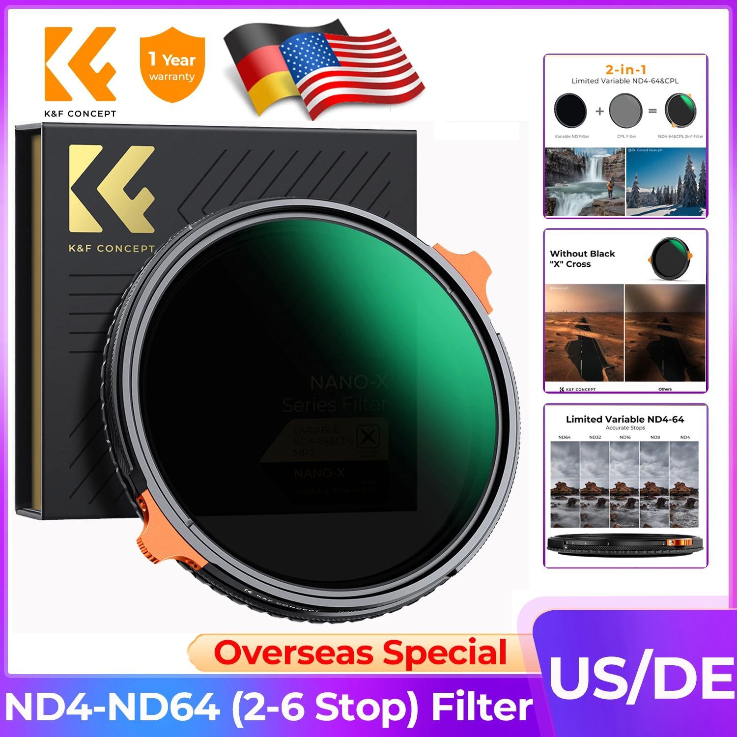 K&F CONCEPT 37-82mm Variable ND4 to ND64 Camera Lenses Filte