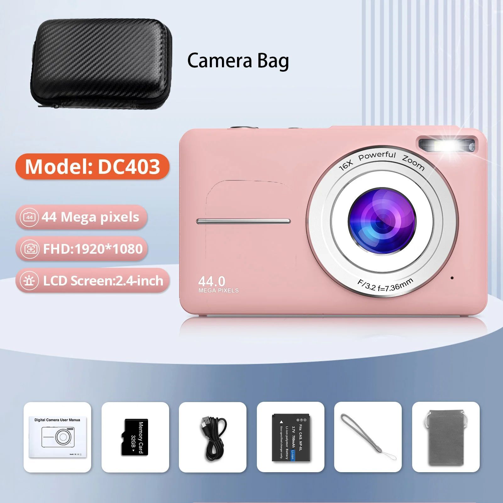 HD 1080P 44MP digital Camera Rechargeable Cameras with 16x Z