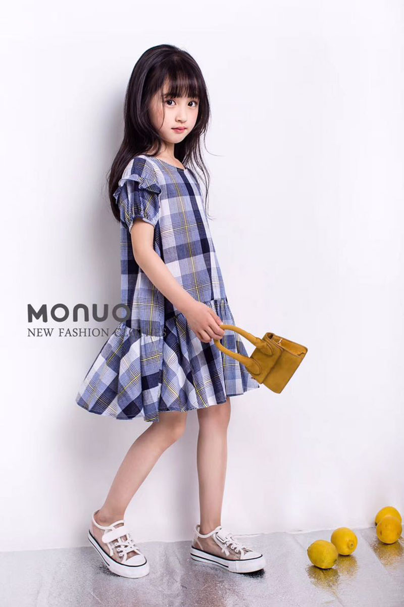 摩mo*诺童装夏装清仓女童蓝色格子短袖连衣裙时尚大气淑女裙六一