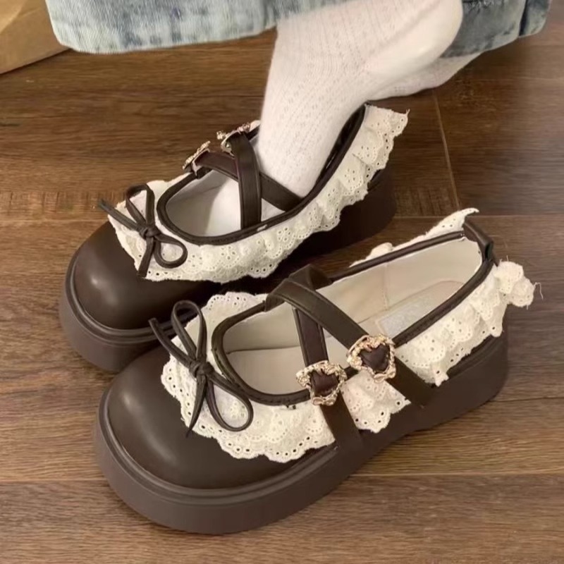 女童小皮鞋棕色2025新款夏季复古儿童玛丽珍鞋花边厚底小女孩大童