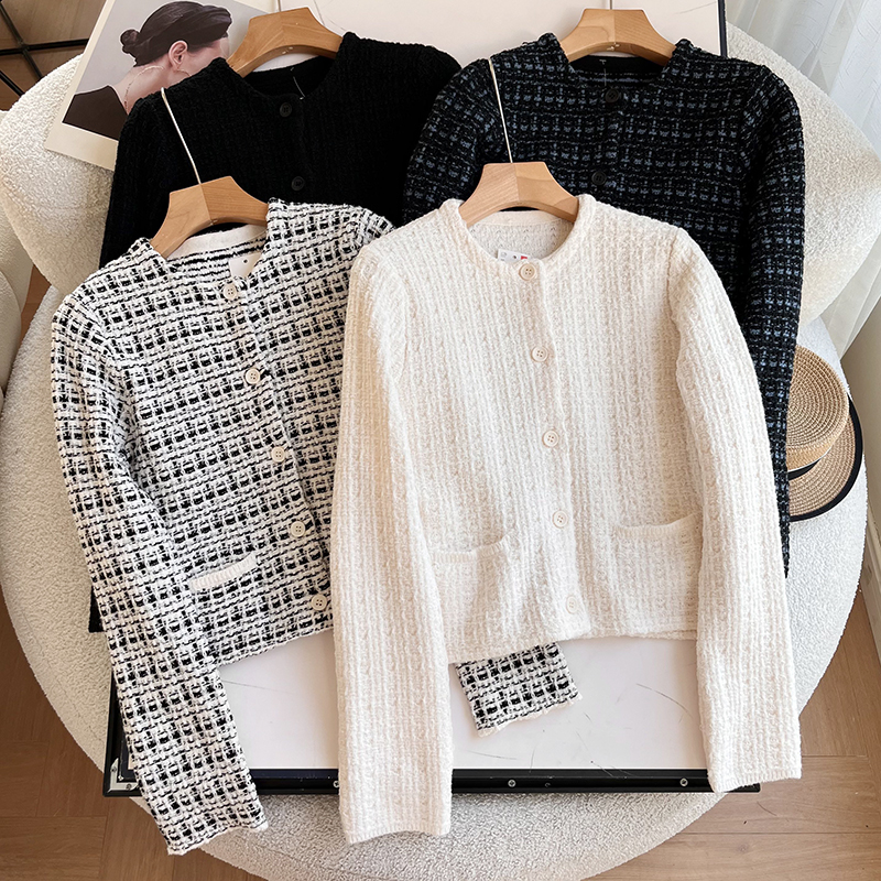 针织短小香休闲圆领长袖外套夹克