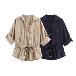 WMXZ秋季8665534新款女装休闲气质简约系带府绸游猎装款衬衫