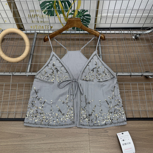 WMXZ夏季新品女装法式V领蝴蝶结撞色刺绣串珠装饰吊带上衣7521026