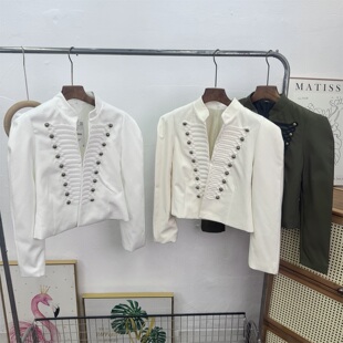 春夏新品女装法式金属钩扣圆领长袖带垫肩修身西装外套 4840798