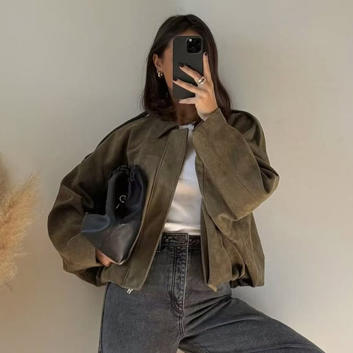 WMXZ春季新品女装蝙蝠袖翻领绒面质感效果飞行员夹克外套 4344155