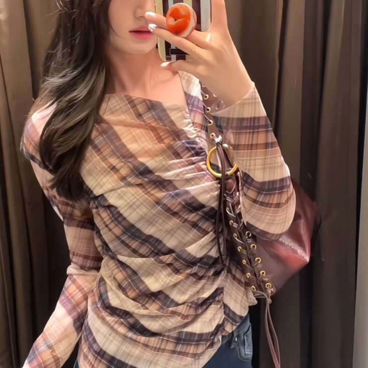 特价！现货！春季5039280新款格子绢网褶皱百搭休闲长袖T恤女