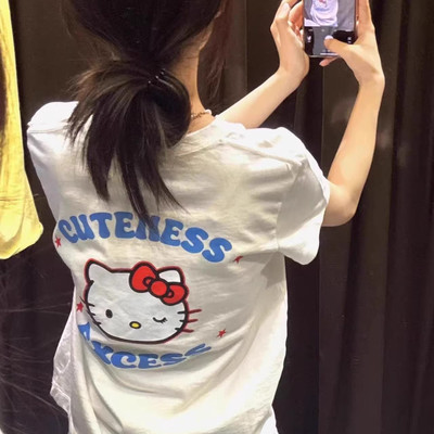 小猫图案字母印花短袖T恤上衣