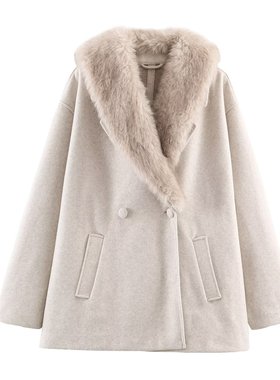 WMXZ秋冬4344644新款翻领毛领饰百搭毛呢大衣外套女4344/644