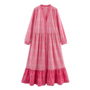 077 田园风拼接V领印花迷笛连衣裙女5029 WMXZ春季 5029077新款