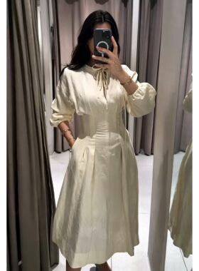 WMXZ夏季新品女装极简风A字形下摆长袖圆领修身打褶连衣裙2125304