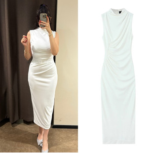 法式 4772345 WMXZ春季 女装 饰立领无袖 连衣裙 针织褶皱装 新品 修身