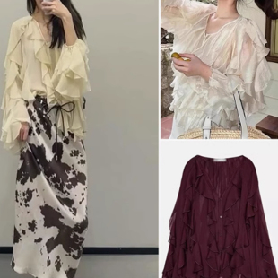 现货WMXZ25春新款欧美风叠层装饰时尚V领长袖半透明衬衫4786063