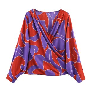 WMXZ春季2549133新款V领带垫肩丝缎质感印花百搭衬衫女2549/133