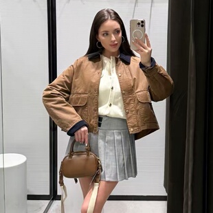 WMXZ春季 休闲宽松撞色领口打蜡皮撞色翻领夹克外套女4341776 新款