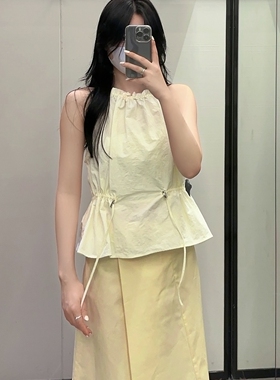 WMXZ自制夏季新款7385007抽绳褶皱挂脖无袖露肩短款背心7385/007