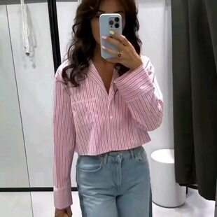 女2658 V领蕾丝花边宽松百搭条纹衬衫 899 2658899新款 WMXZ春季