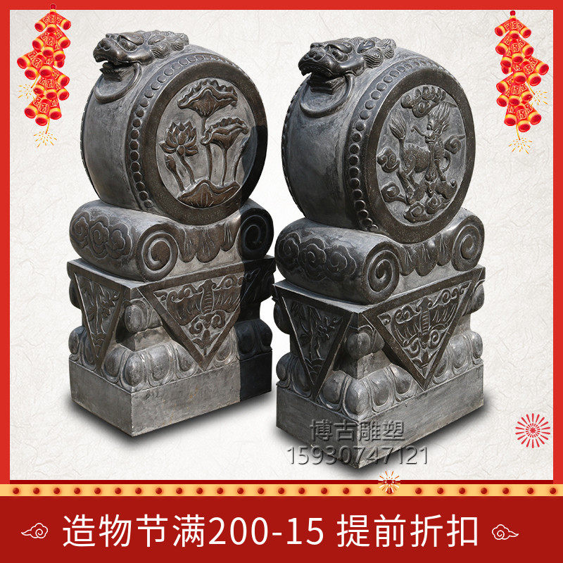 石雕门墩石鼓一对青石仿古大门护院家用包邮摆件家用狮子头抱鼓石