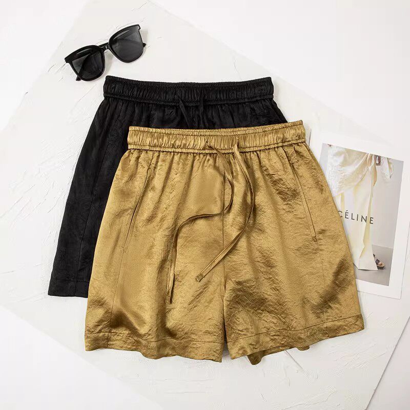 清仓捡漏~肌理褶皱醋酸阔腿短裤女夏季宽松系带松紧腰百搭a字热裤