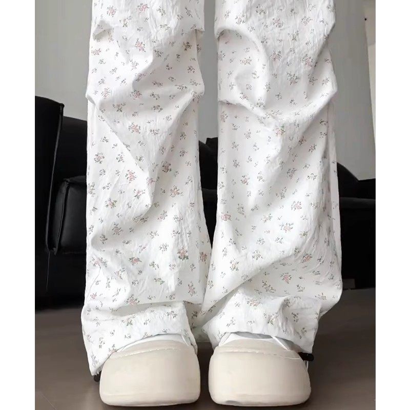 白色碎花工装裤女夏季降落伞兵裤