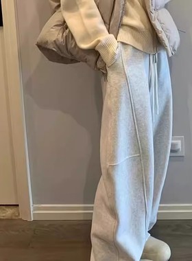 清仓捡漏灰色美式运动裤女春秋冬季韩版直筒拼接香蕉加绒阔腿裤子