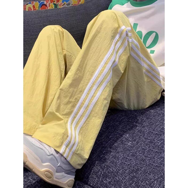 黄色三条杠速干运动裤女夏季裤子